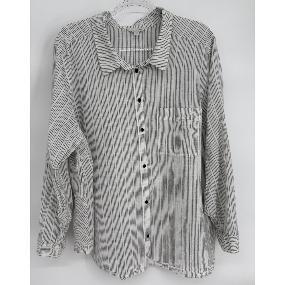 Lucky Brand Womens Sz 3X Striped Button Down Shirt Long Sleeve Back Detail Black